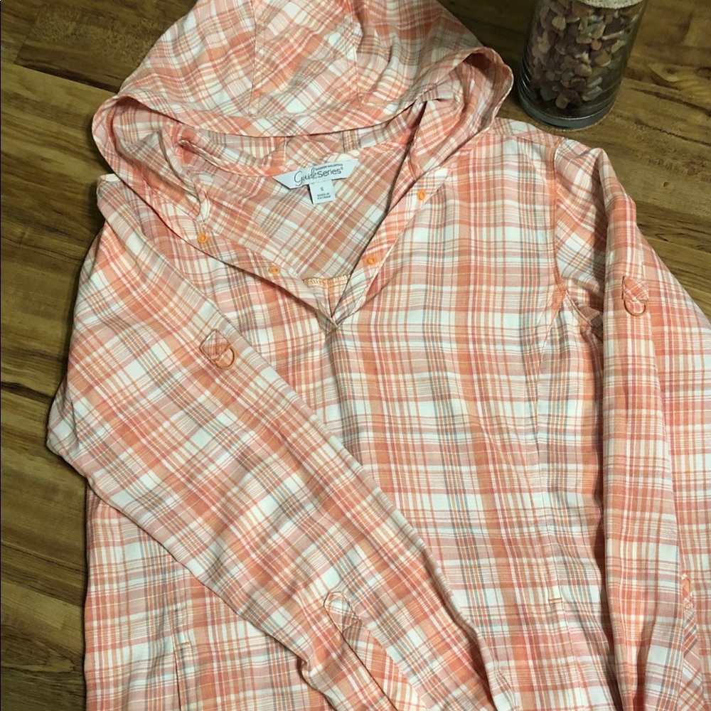 NWOT. Peach lightweight plaid blouse.